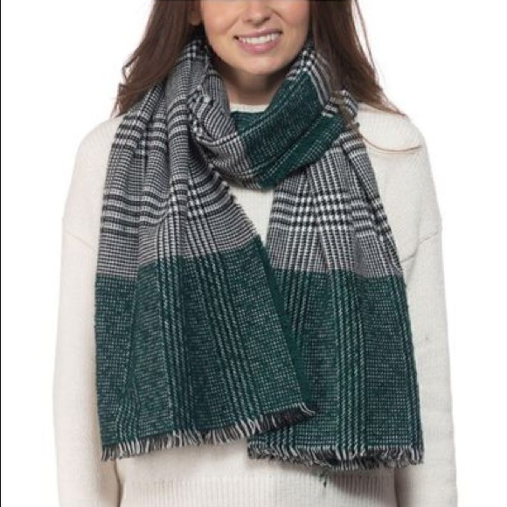 INC International Concepts Green Plaid Colorblocked Scarf OS NWT